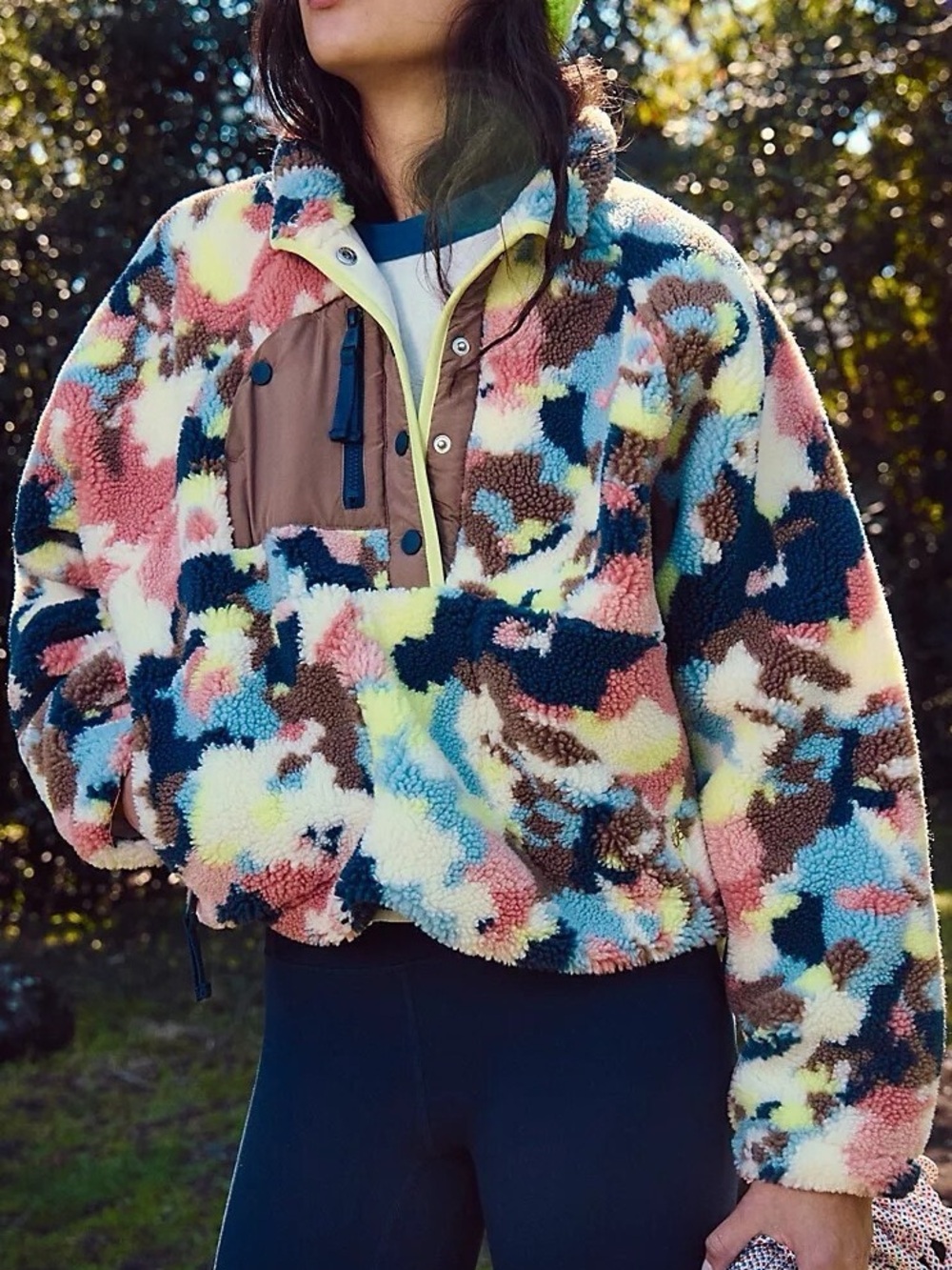 Free People Hit The Slopes Fleece Pullover Jacket Womens Sz XS Camo Boho NWOT